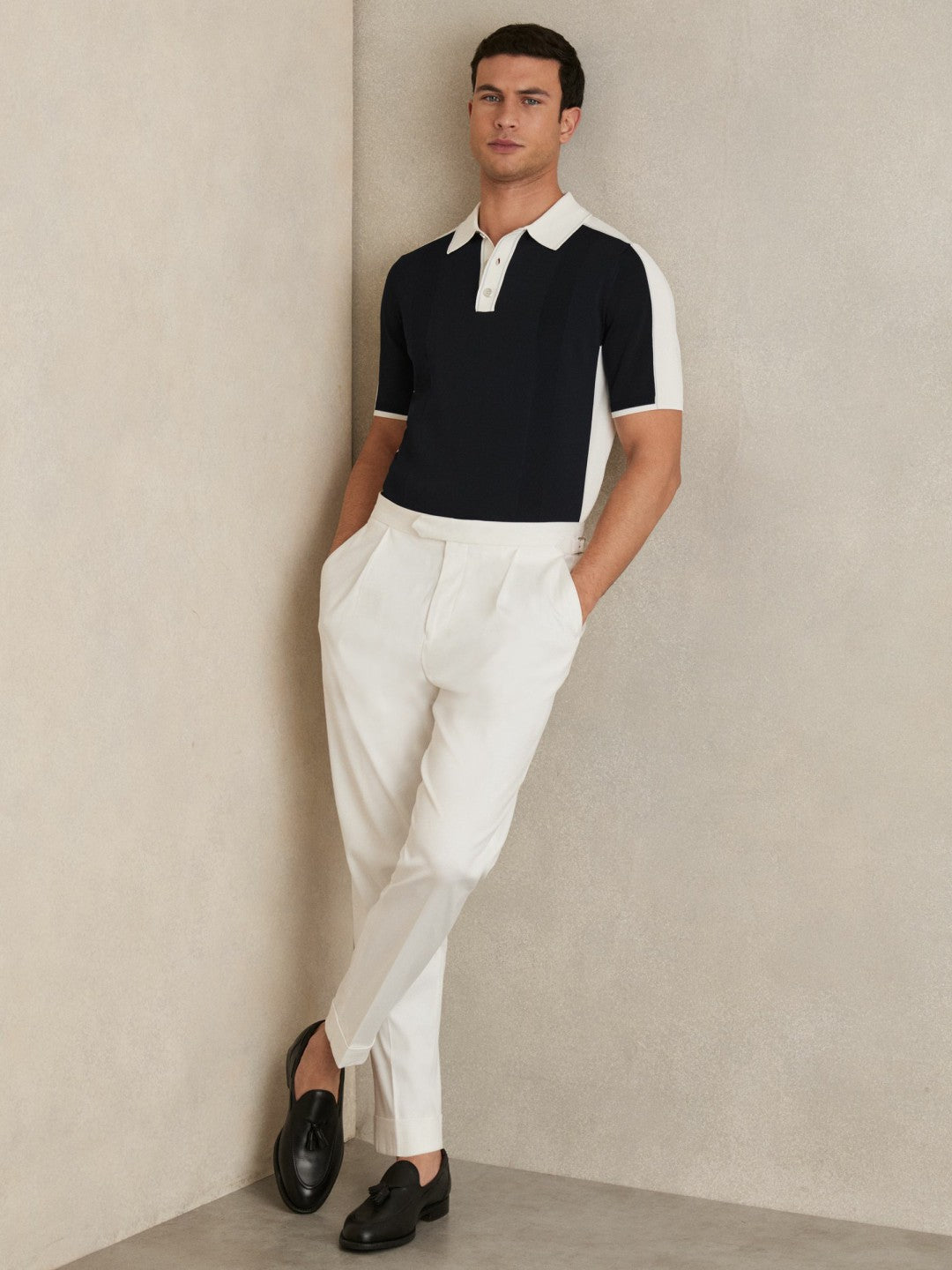 Reiss Affordable - Colour-Block Knit Polo Shirt in Navy/White
