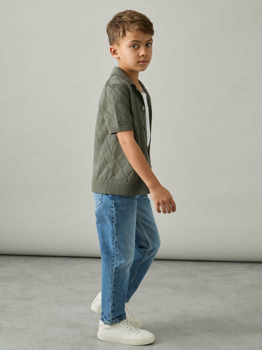 Reiss Featured - 9-13 yrs Cotton Blend Diamond Knit Shirt in Dark Sage