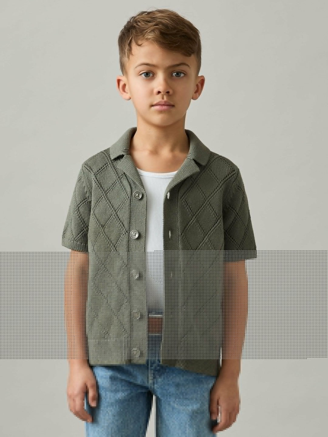Reiss Best Seller - 3-9 yrs Cotton Blend Diamond Knit Shirt in Dark Sage