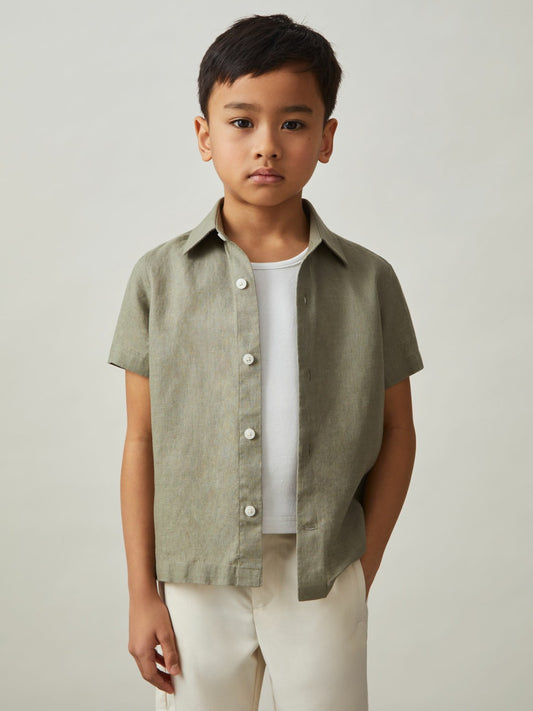 Reiss 3-9 yrs Short Sleeve Linen Shirt in Thyme Green