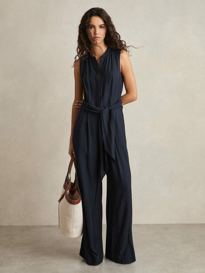 Reiss Featured - Petite Wide-Leg Belted Jumpsuit in Navy