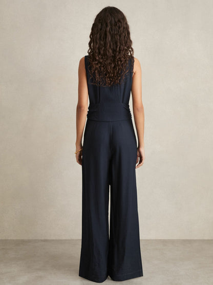 Reiss Featured - Petite Wide-Leg Belted Jumpsuit in Navy