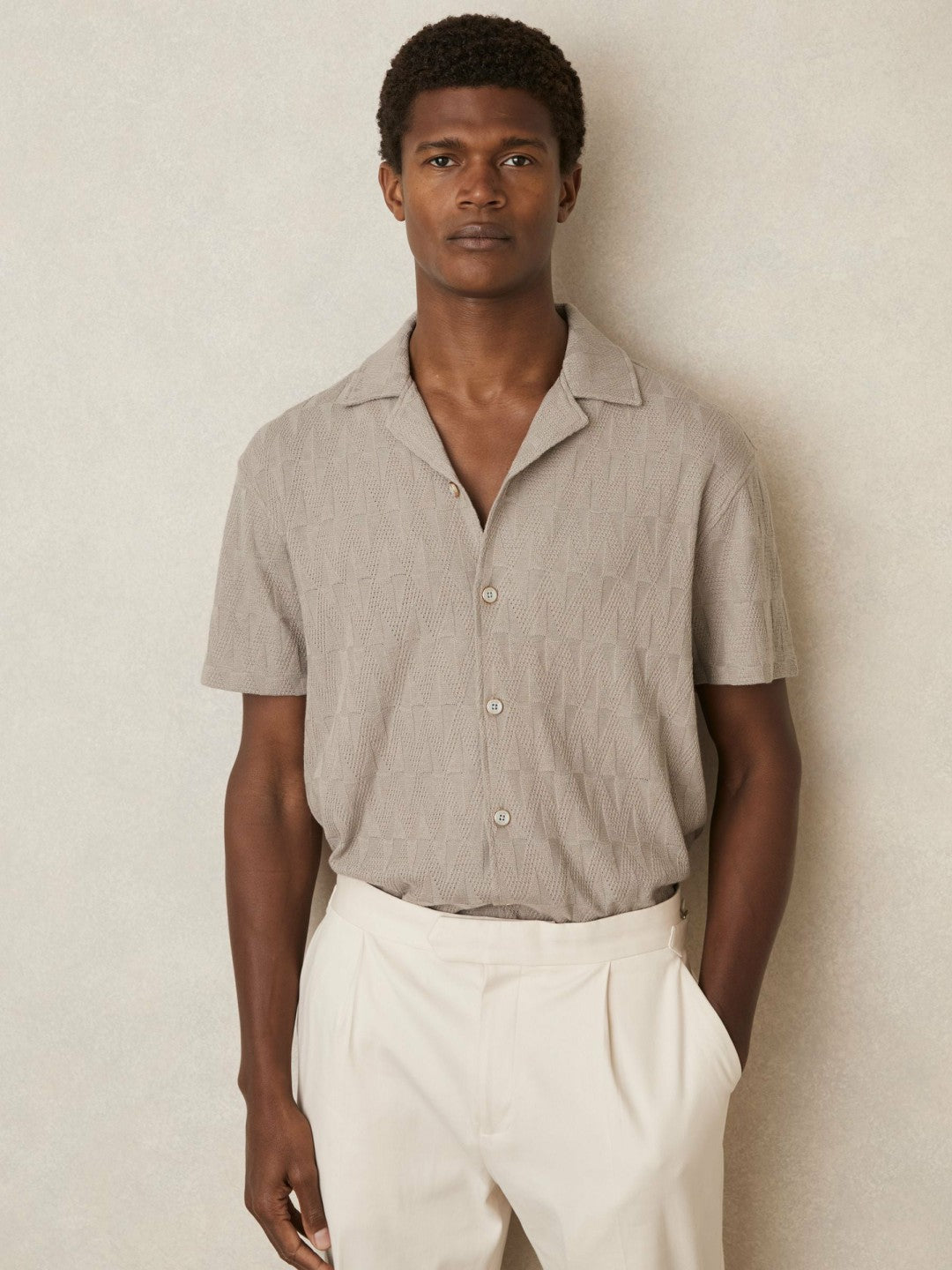Reiss Featured - Cotton Textured Cuban-Collar Shirt in Mink Brown