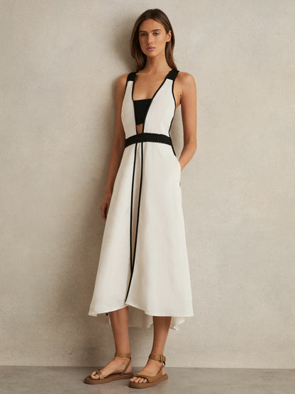 Reiss Contrast Trim Flared Midi Dress With Linen in Ivory/Black