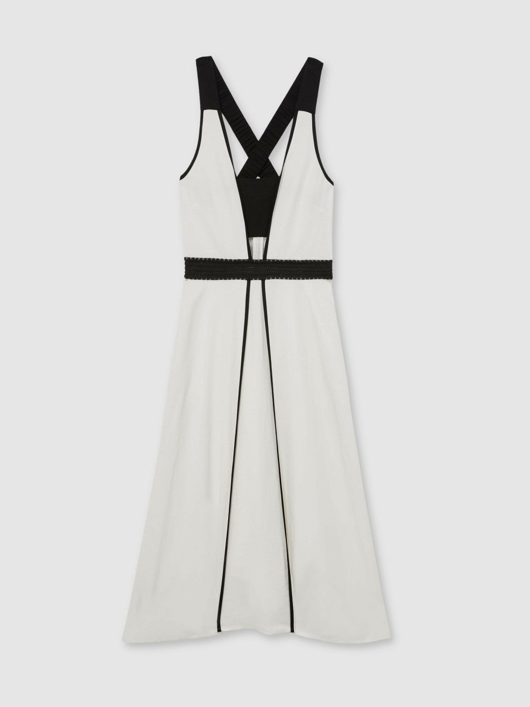 Reiss Contrast Trim Flared Midi Dress With Linen in Ivory/Black