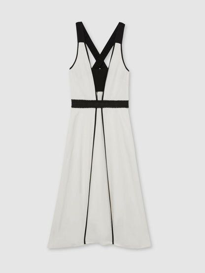 Reiss Contrast Trim Flared Midi Dress With Linen in Ivory/Black