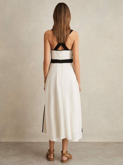 Reiss Contrast Trim Flared Midi Dress With Linen in Ivory/Black