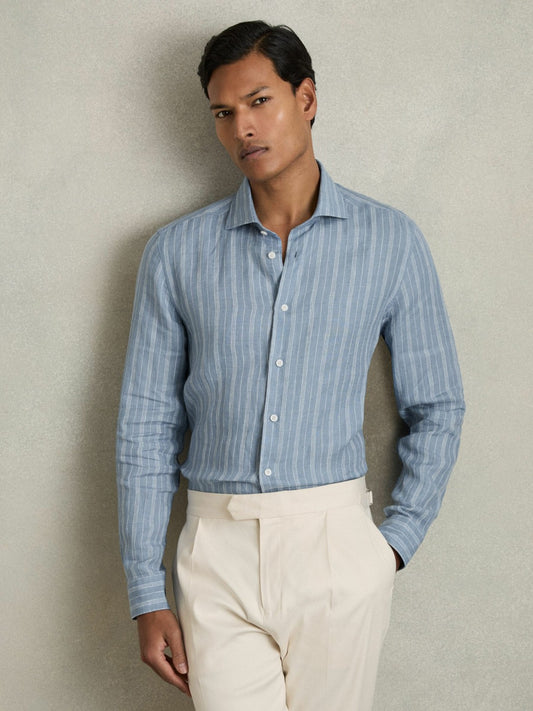 Reiss Linen Striped Long Sleeve Shirt in Airforce Blue/White Bengal Stripe