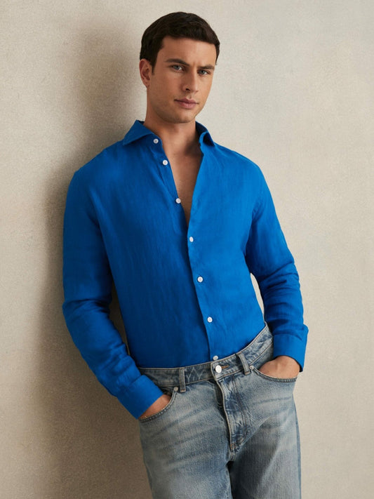 Reiss Popular Choice - Linen Button-Through Shirt in Bright Blue