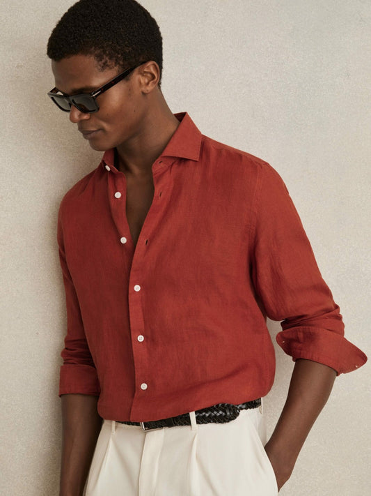 Reiss Linen Button-Through Shirt in Paprika Red