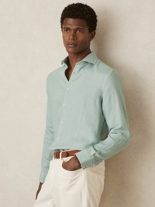 Reiss Popular Choice - Linen Button-Through Shirt in Ocean Green
