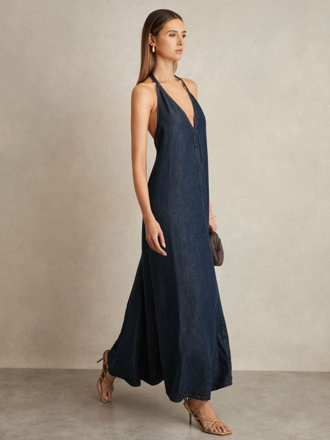 Reiss Denim Halterneck Maxi Dress in Indigo