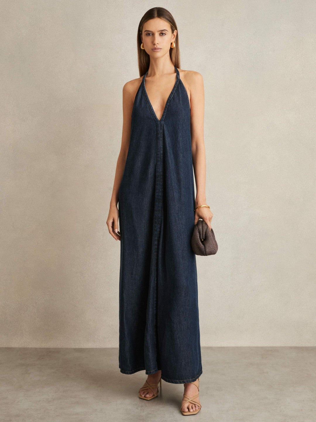 Reiss Denim Halterneck Maxi Dress in Indigo