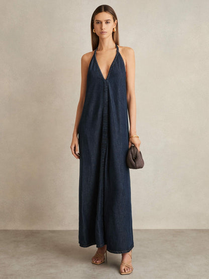 Reiss Denim Halterneck Maxi Dress in Indigo