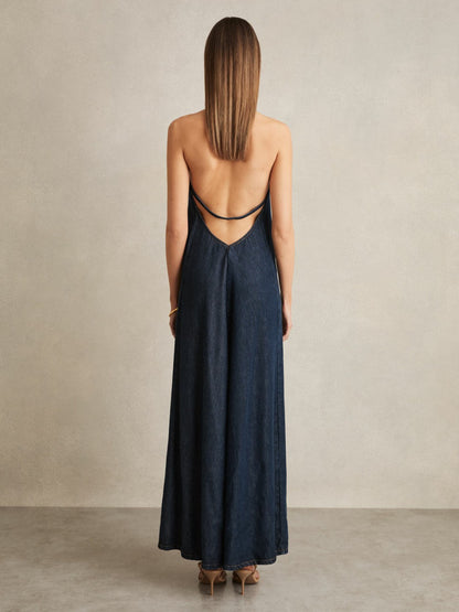 Reiss Denim Halterneck Maxi Dress in Indigo