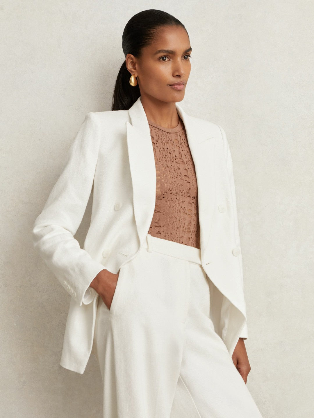 Reiss Value - Linen-Blend Double-Breasted Suit Jacket in White