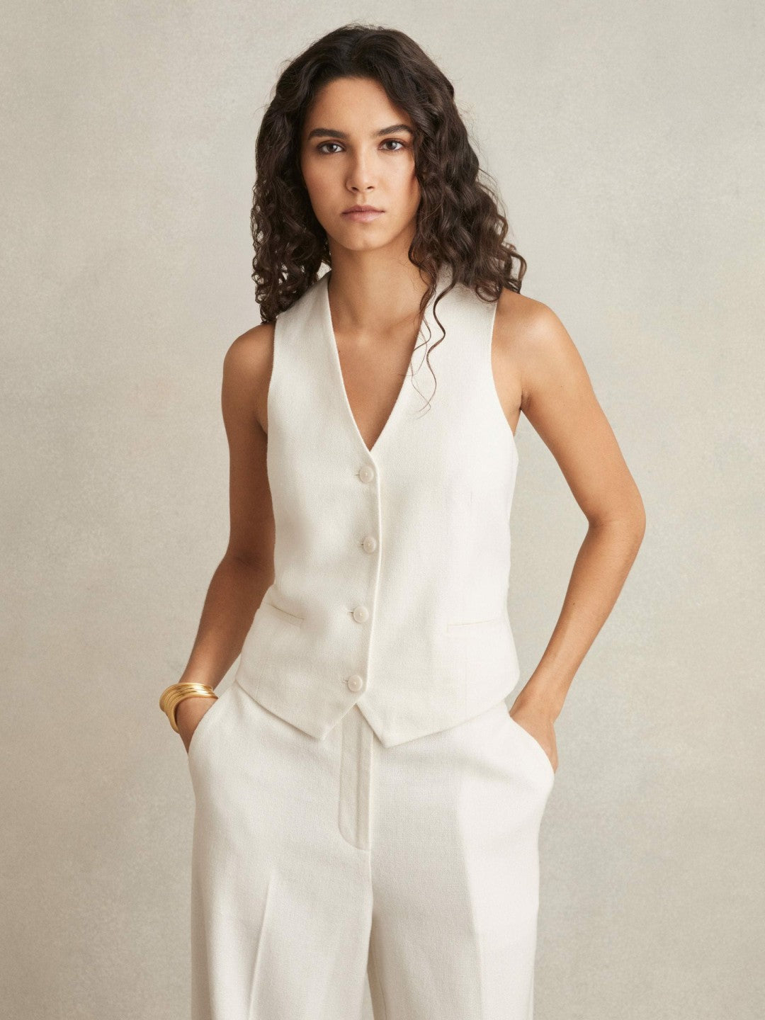 Reiss Value - Linen-Blend Button-Through Waistcoat in White
