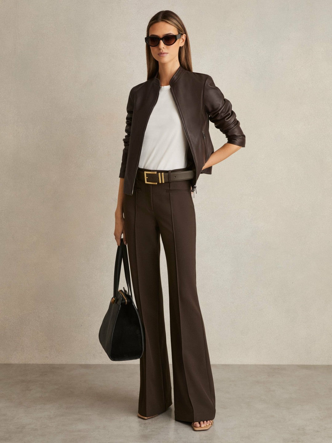 Reiss Petite High Rise Flared Trousers in Chocolate Brown
