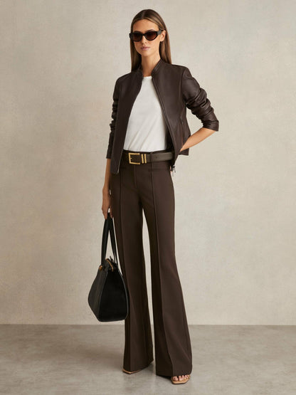 Reiss Petite High Rise Flared Trousers in Chocolate Brown