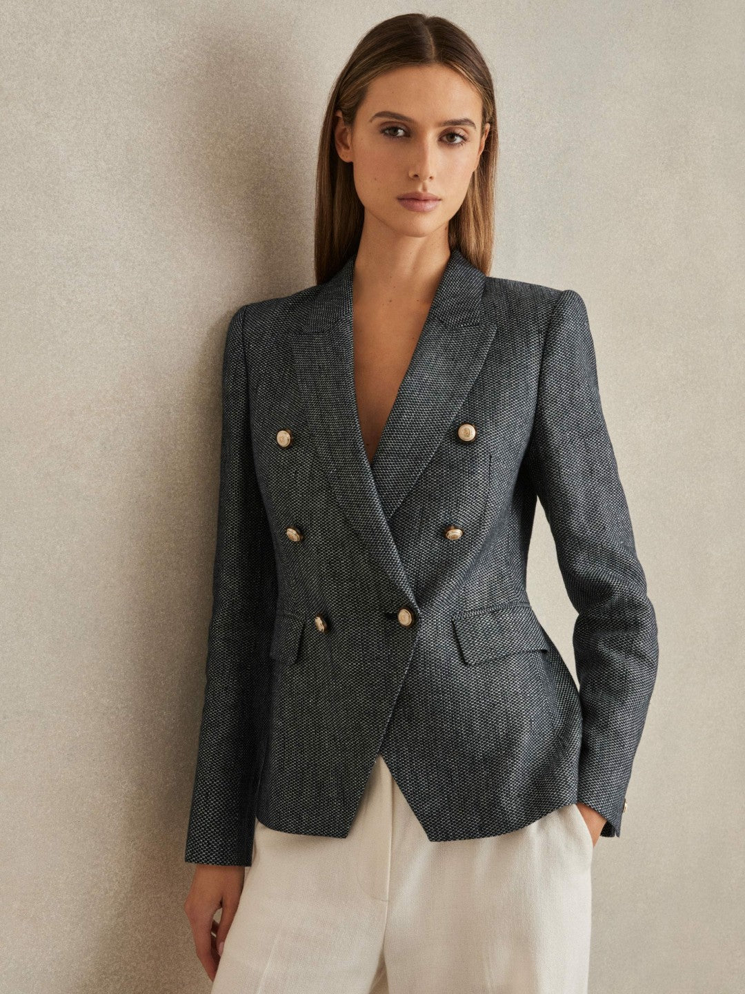 Reiss Savings - Linen-Cotton Double-Breasted Blazer in Navy