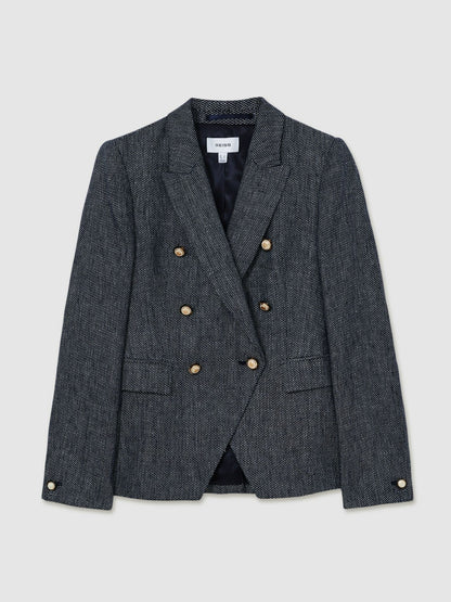 Reiss Savings - Linen-Cotton Double-Breasted Blazer in Navy