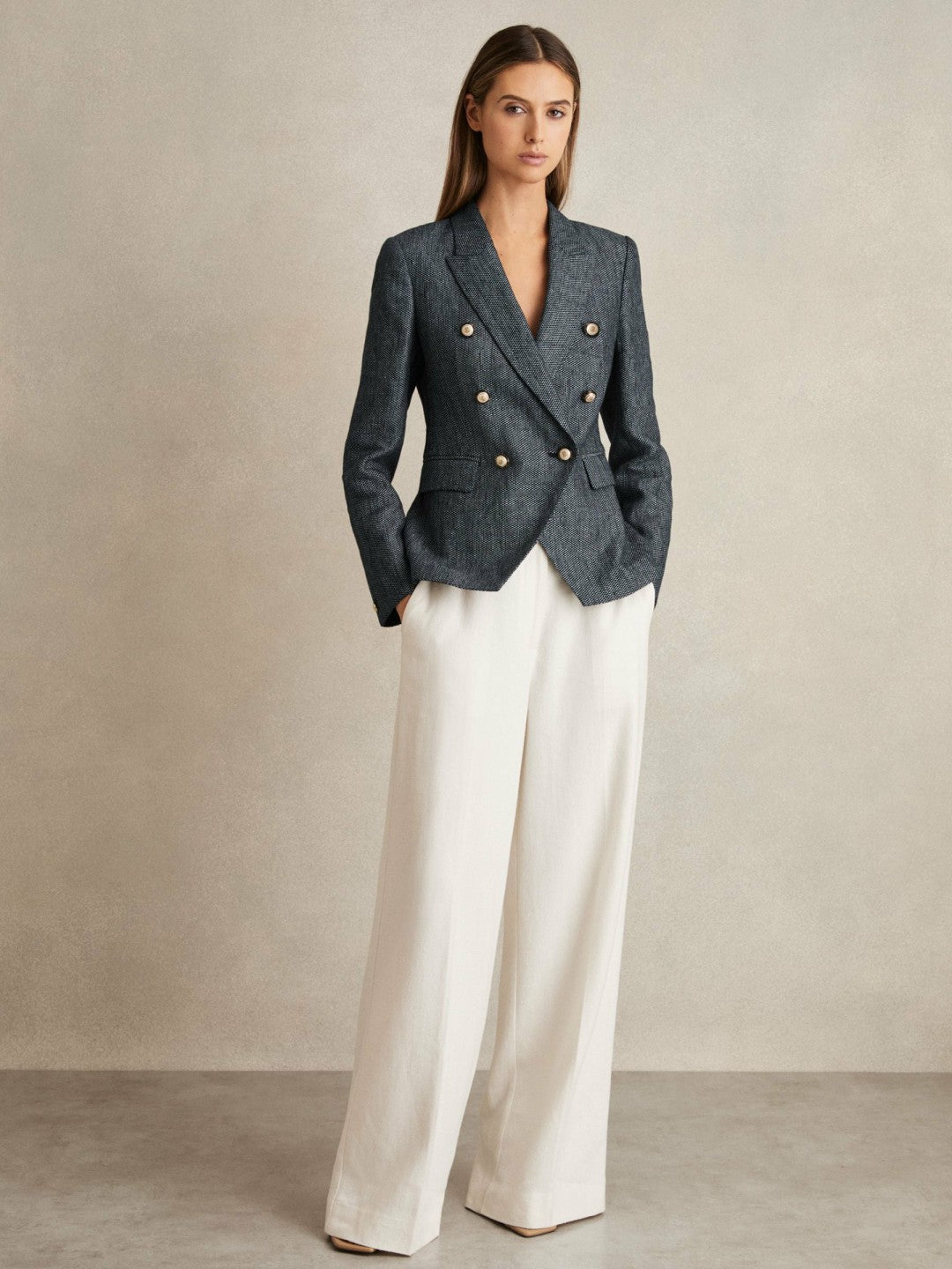 Reiss Savings - Linen-Cotton Double-Breasted Blazer in Navy