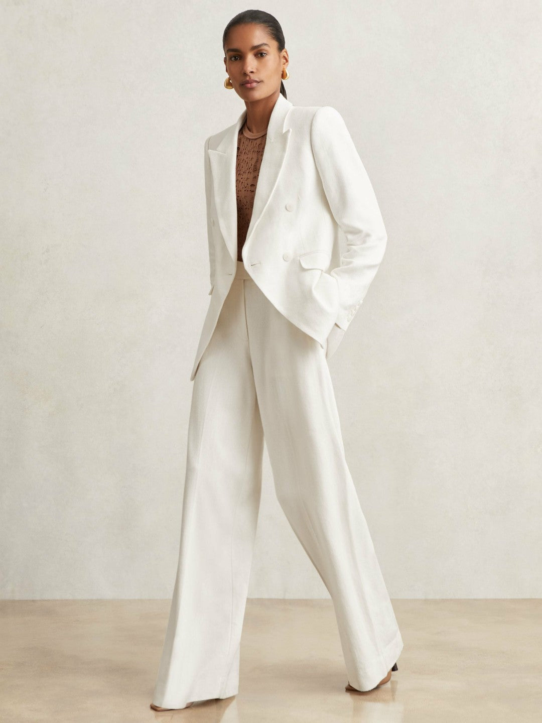 Reiss Value - Petite Linen-Blend Double-Breasted Suit Jacket in White
