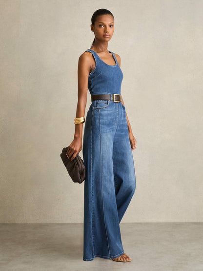 Reiss Wide-Leg Racer-Back Denim Jumpsuit in Indigo