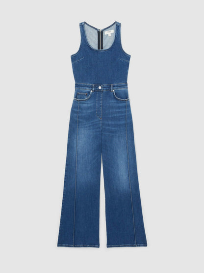 Reiss Wide-Leg Racer-Back Denim Jumpsuit in Indigo