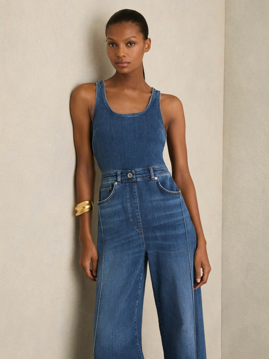 Reiss Wide-Leg Racer-Back Denim Jumpsuit in Indigo