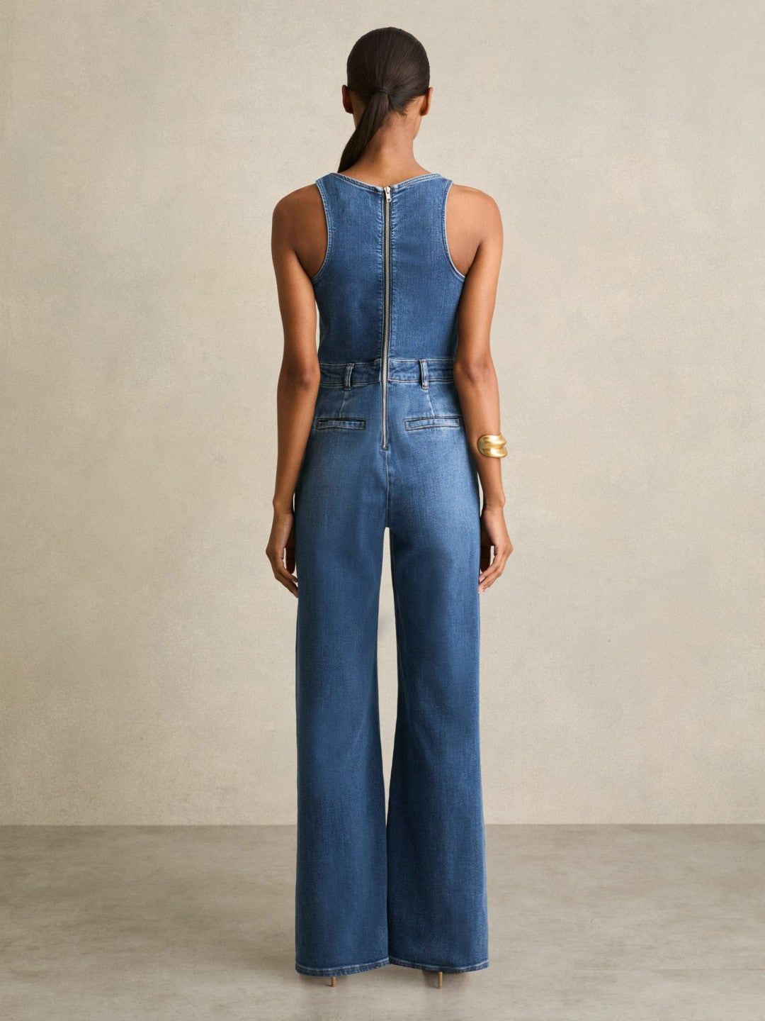 Reiss Wide-Leg Racer-Back Denim Jumpsuit in Indigo