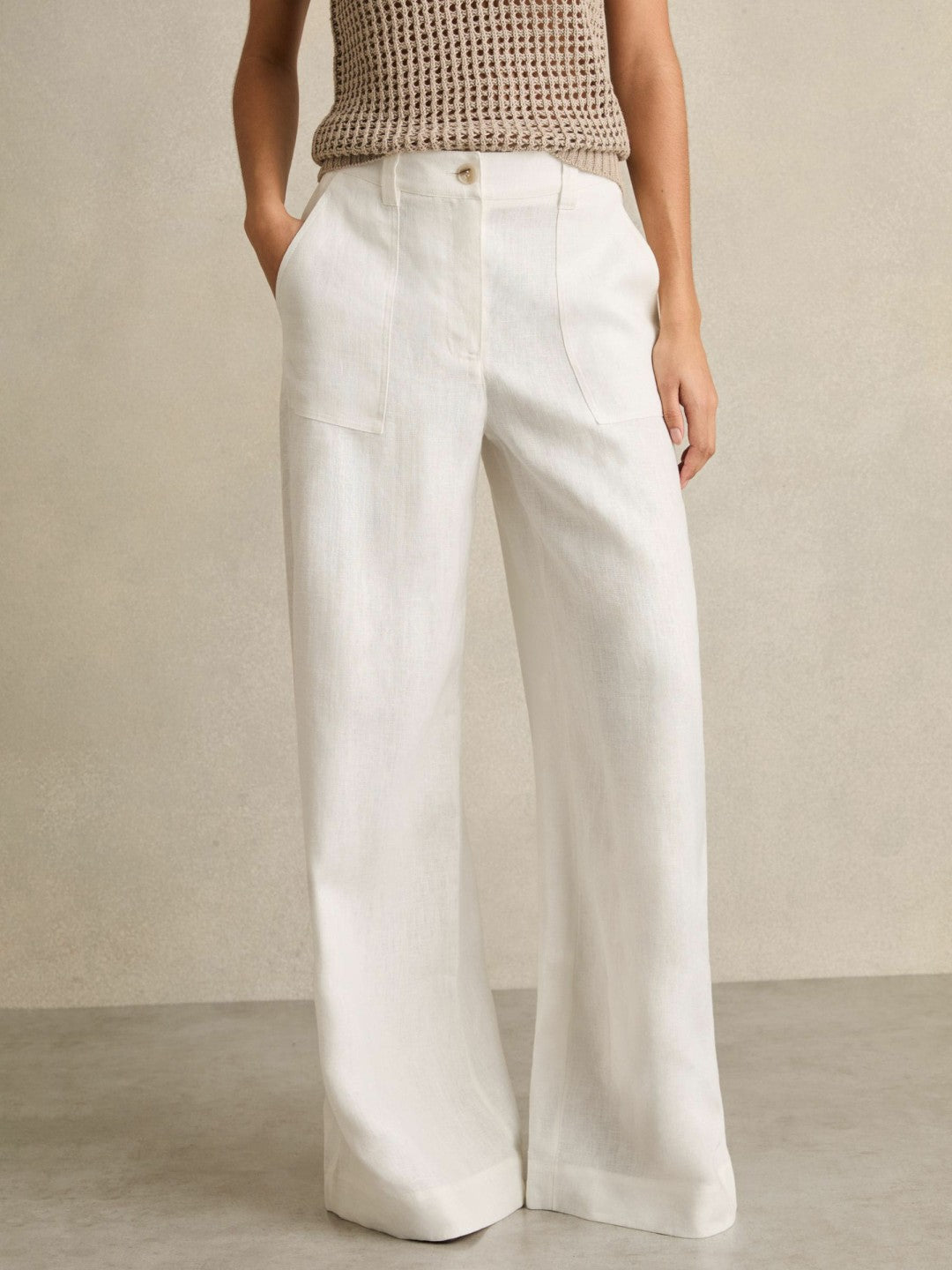 Reiss Petite Linen Wide Leg Trousers in White