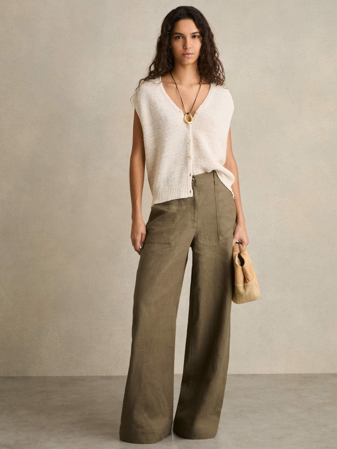 Reiss Linen Wide Leg Trousers in Khaki