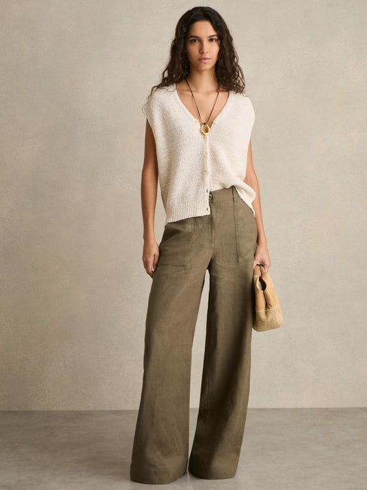Reiss Linen Wide Leg Trousers in Khaki