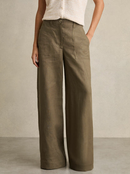 Reiss Linen Wide Leg Trousers in Khaki