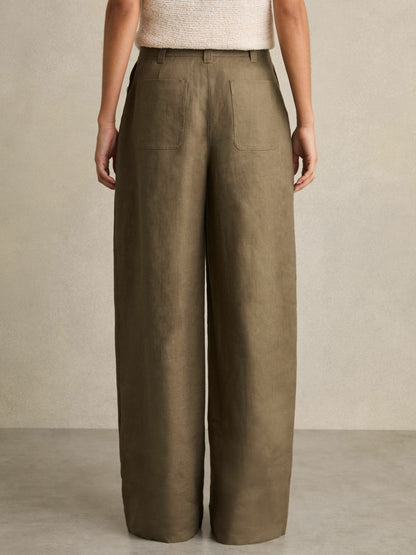 Reiss Linen Wide Leg Trousers in Khaki