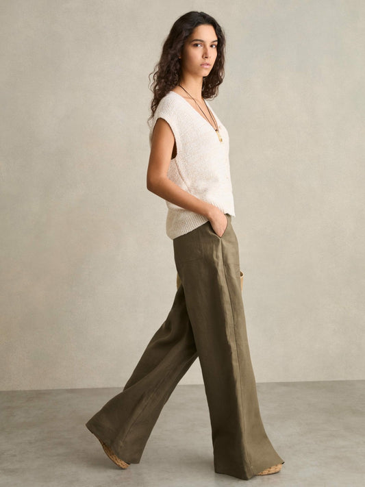 Reiss Savings - Petite Linen Wide Leg Trousers in Khaki