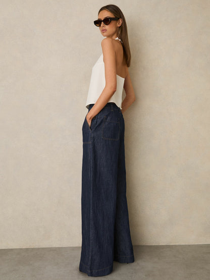 Reiss Popular Choice - Petite Linen Wide Leg Trousers in Indigo
