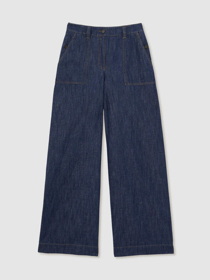 Reiss Popular Choice - Petite Linen Wide Leg Trousers in Indigo