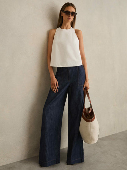 Reiss Popular Choice - Petite Linen Wide Leg Trousers in Indigo
