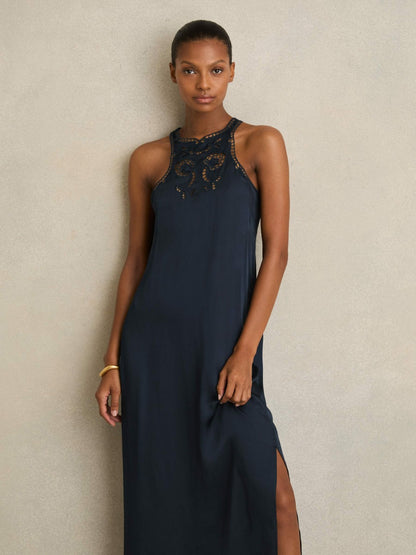 Reiss Satin Cut-Out Slip Dress in Navy