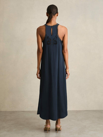 Reiss Satin Cut-Out Slip Dress in Navy