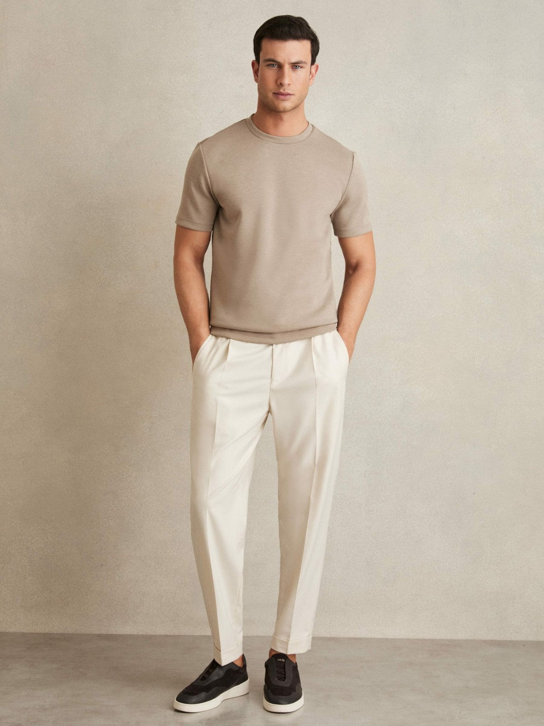 Reiss Savings - Interlock Jersey Crew Neck T-Shirt in Taupe Brown