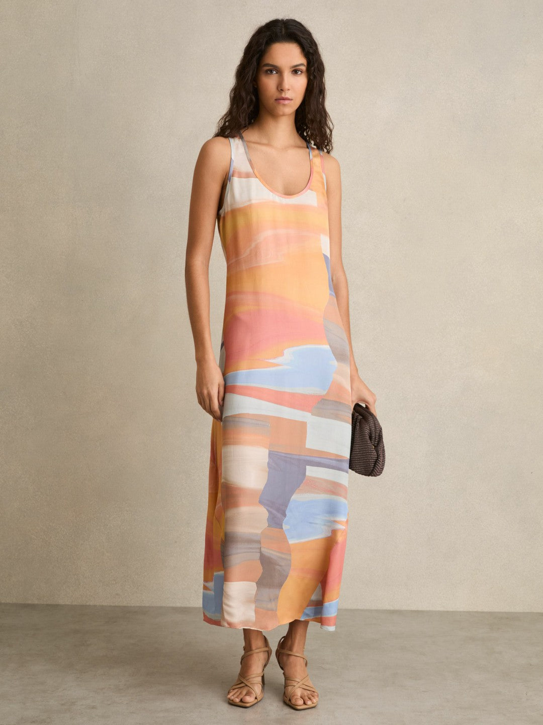 Reiss Sunset Print Sleeveless Slip Dress in Coral