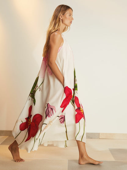 Reiss NYBG Floral Print Maxi Dress With Linen in Ivory