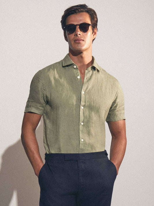 Reiss Best Seller - Slim Fit Linen Button-Through Shirt in Thyme Green