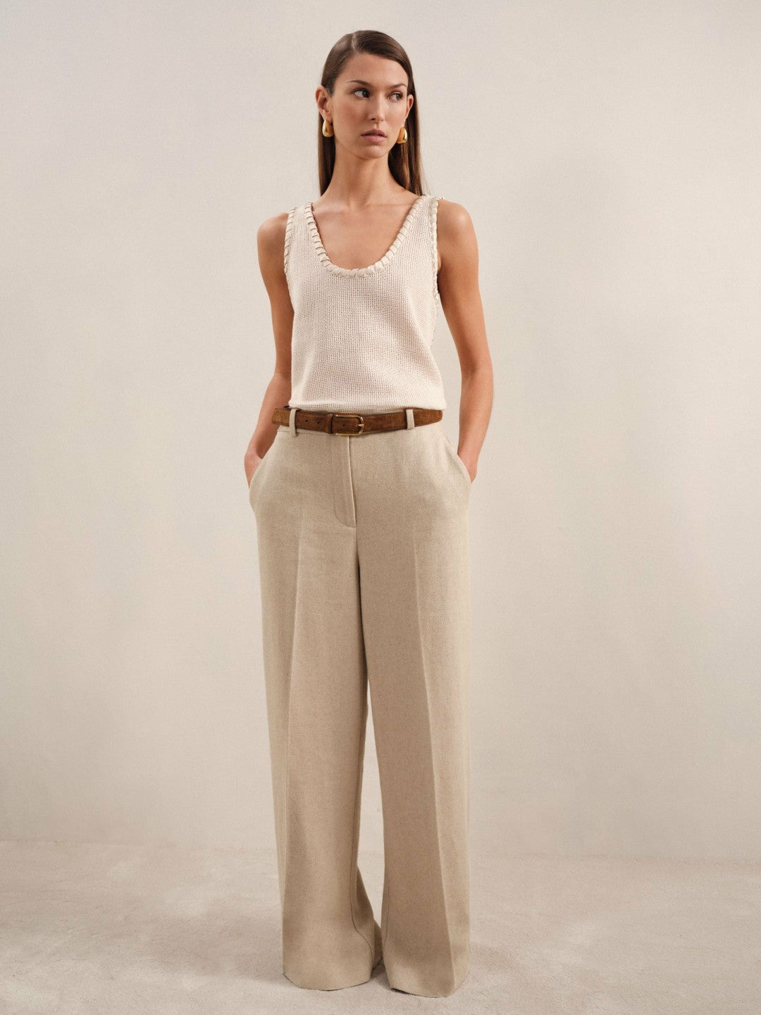 Reiss Featured - Linen-Blend Wide-Leg Trousers in Neutral