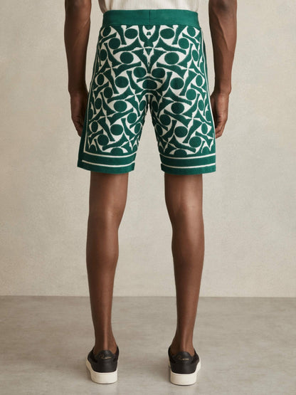 Reiss Value - Abstract-Pattern Towelling Shorts in Green/White
