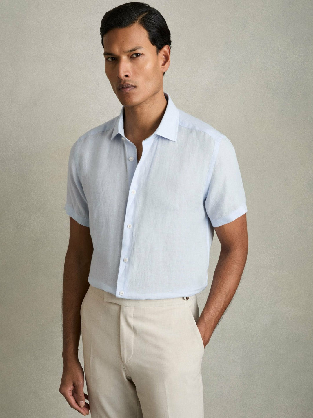 Reiss Slim Fit Linen Button-Through Shirt in Pale Blue