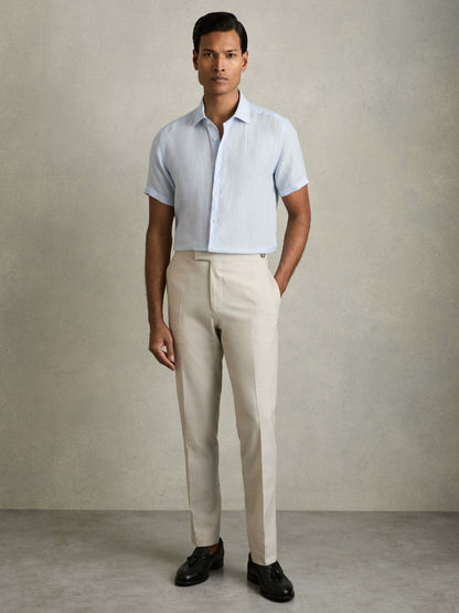 Reiss Slim Fit Linen Button-Through Shirt in Pale Blue